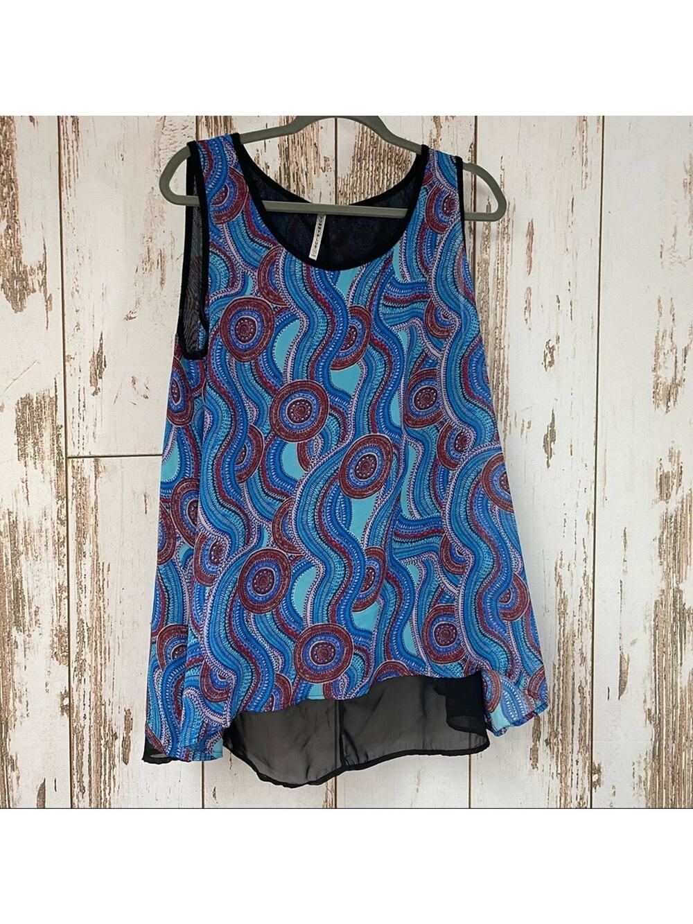 Yummy Plus, Blue Print Sleeveless Blouse Sheer Back Detail. Size 1X.